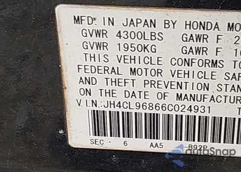 2006 Acura Tsx z USA, uszkodzony, nr VIN JH4CL96866C024931